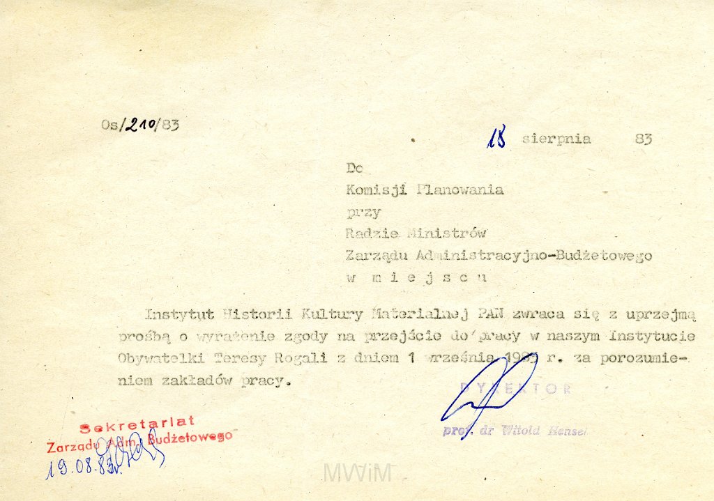 KKE 5797.jpg - Dok. Prośba Instytutu Historii Kultury Materialnej PAN do Komisji Planowania przy Radzie Ministrów zarządu Administracyjno-Budżetowego. W sprawie przyjęcia do pracy Teresy Rogali, Warszawa, 18 VIII 1983 r.